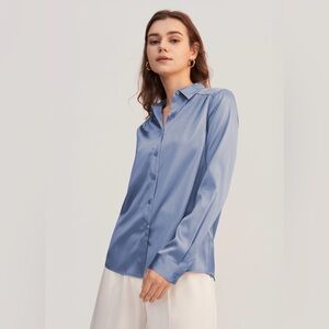 Kathie Lee Collection Vintage Blue‎ Button Down Silky Polyester Shirt Size 14